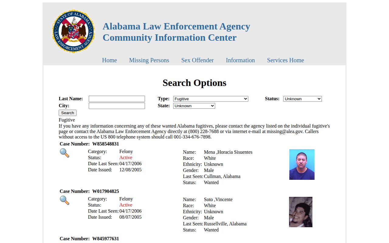 ALEA fugitive search interface used as a Winston County warrant lead