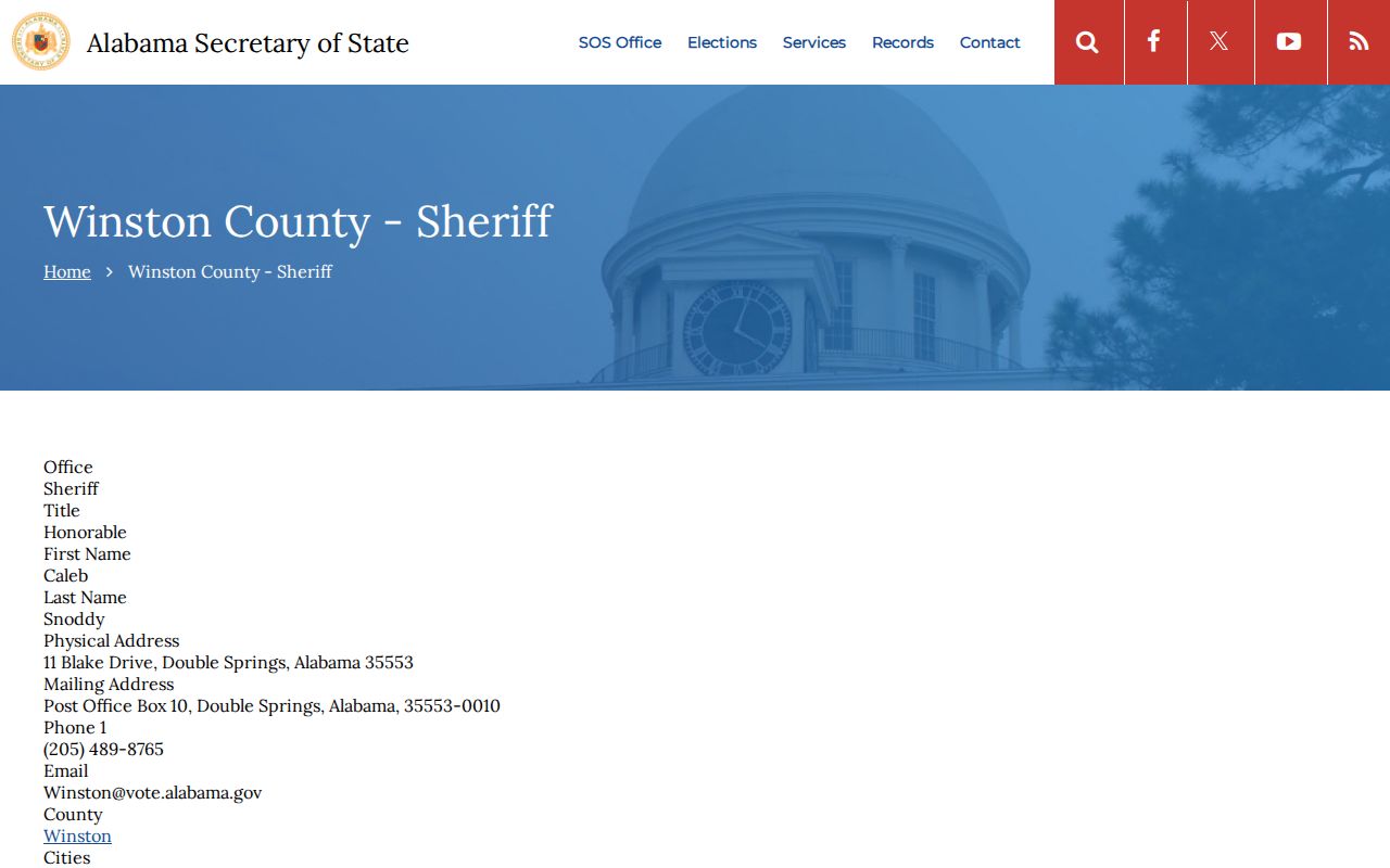 Alabama official sheriff directory showing the Winston County sheriff contact