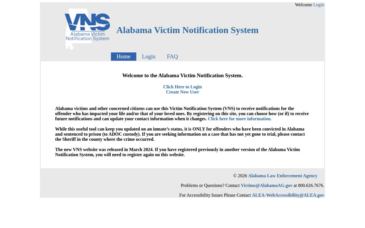 Alabama VNS page explaining post-conviction ADOC notification scope