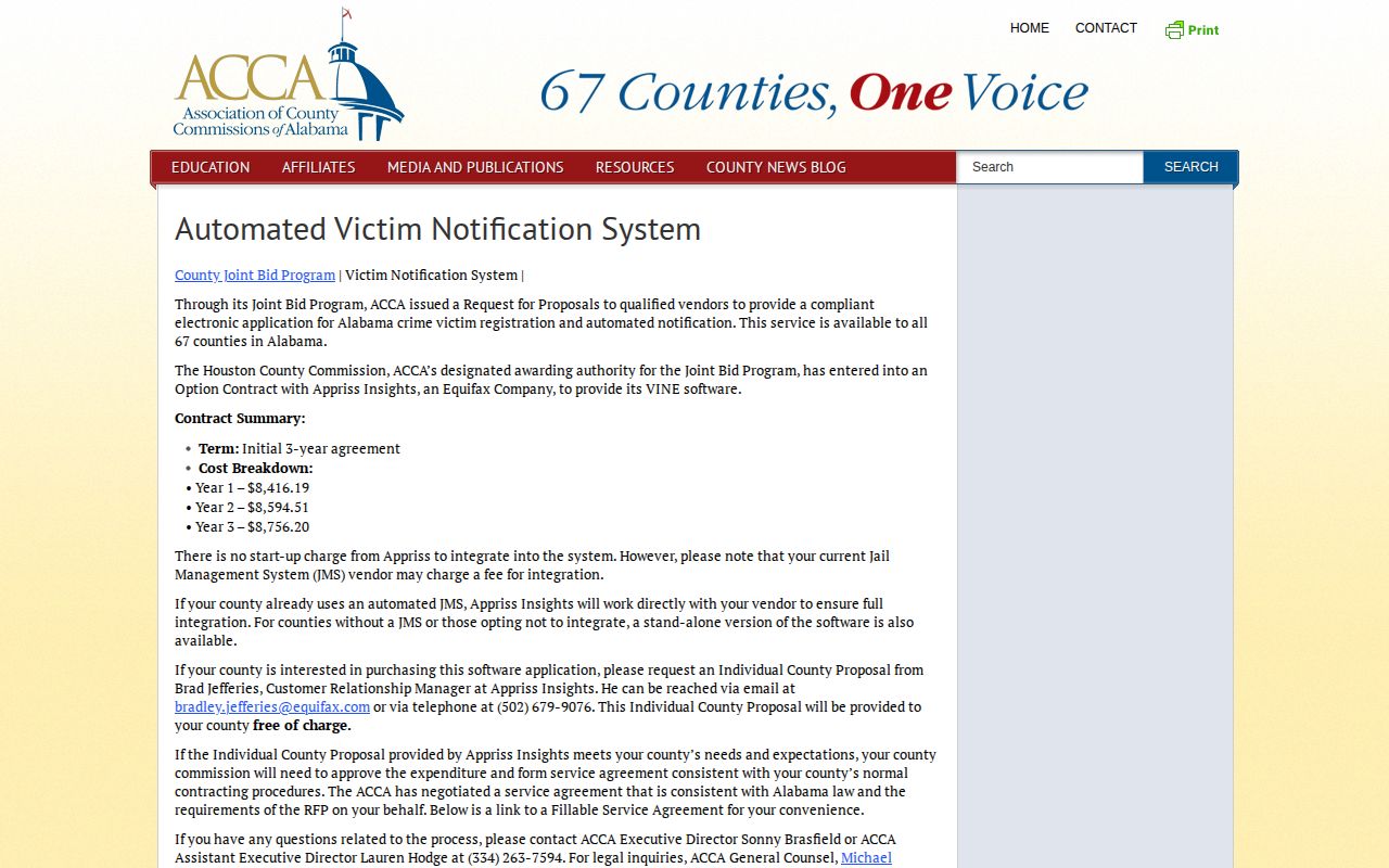 Alabama county association explanation of optional VINE availability
